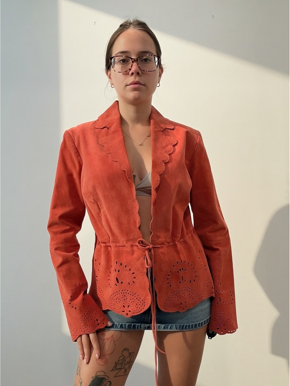 Suede jacket in orange/peach hinged